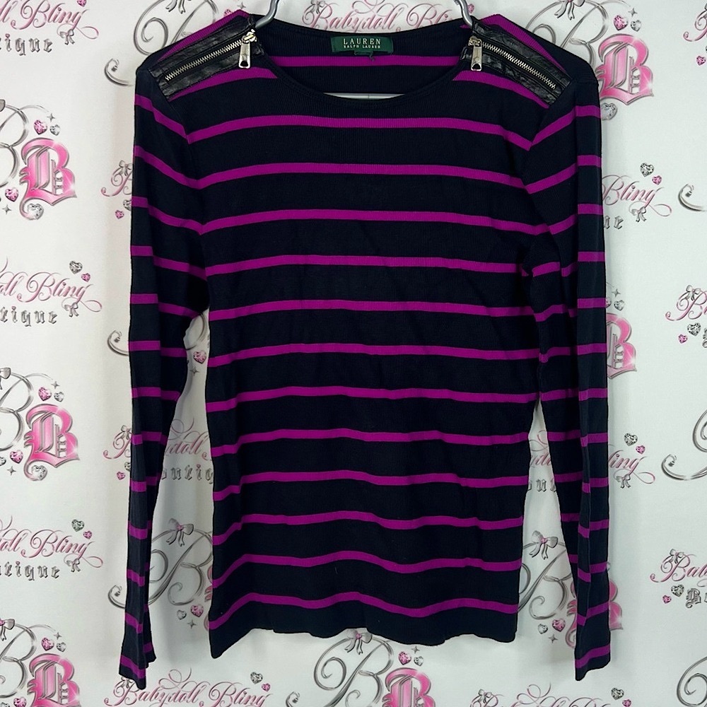 Ralph Lauren Black and Purple Striped Long Sleeve Top purple black navy